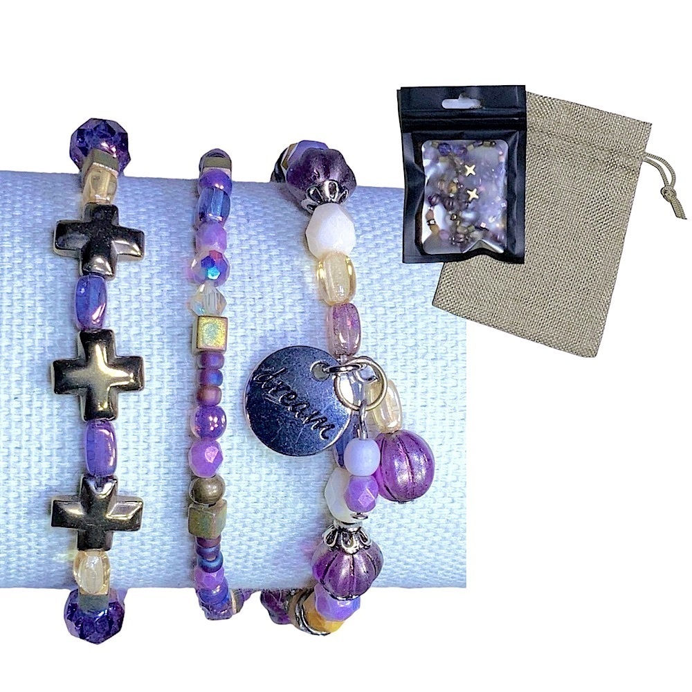 Regal 3 Cross Bracelet Purple Amethyst February Birthstone Religious Beaded